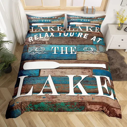 Miniatura 20 de Lake House - Juego de funda de edredón tamaño individual, estilo rústico de granja vieja para niños, adolescentes y adultos, decoración