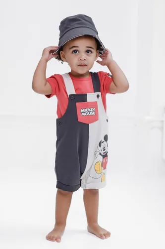 Miniatura 33 de Disney Conjunto de 3 piezas de overoles cortos de rizo francés para bebé, camiseta y sombrero, tallas de recién nacido a bebé (0-24 meses)
