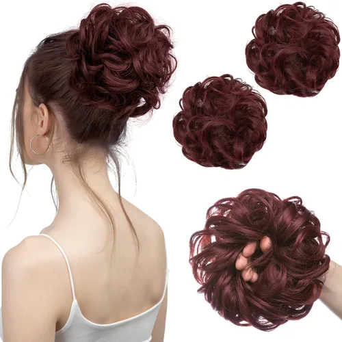 SARLA 2 piezas de cabello desordenado color burdeos, onduladas, rizadas, sintéticas, coleteros falsos, extensiones de cola de caballo para mujeres,