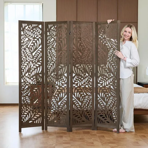 Miniatura 6 de Divisor de habitación tallado con hojas, pantalla de privacidad de 67 pulgadas de alto, panel divisor de pantalla de madera decorativa plegable