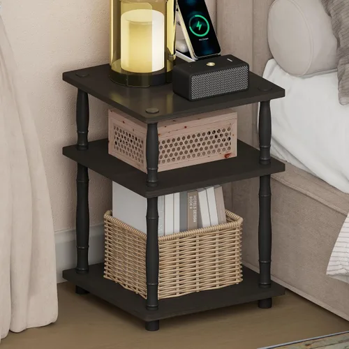 Miniatura 42 de Furinno Mesa de Noche Simplista, Mesita de Noche Pequeña de 2 Niveles con Estante Abierto, Mesa de Cabecera de Montaje sin Herramientas, Mesa