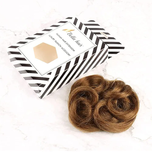 Miniatura 9 de Bella Hair - Rodete de extensión de cabello 100 % humano para banda elástica, extensión de cola de caballo ondeada, rizada o desordenada #4 café
