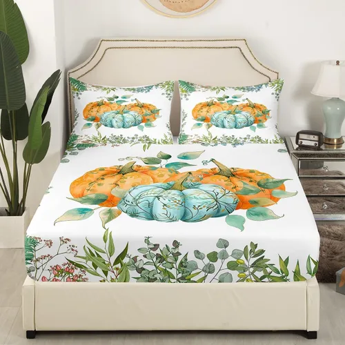 Miniatura 3 de Manfei Sábana bajera ajustable de calabaza otoñal, tamaño individual, juego de ropa de cama floral de hojas verdes, 2 piezas para decoración