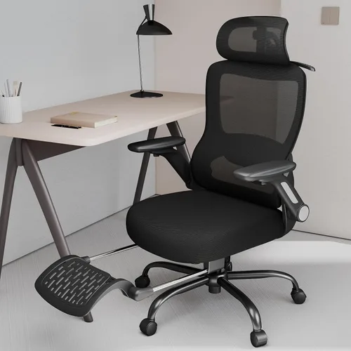 Miniatura 10 de Silla de oficina ergonómica, silla de escritorio con respaldo alto con brazos abatibles, reposacabezas, soporte lumbar ajustable, bloqueo