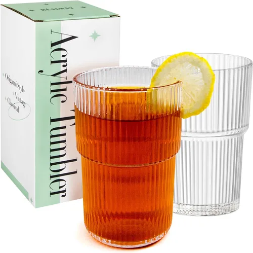 REALWAY - Vasos de plástico acanalados de 17 onzas, vasos acrílicos irrompibles para beber, transparentes, reutilizables, aptos para lavavajillas,
