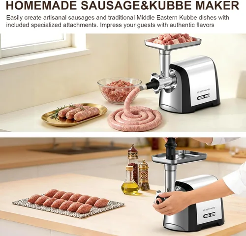 Miniatura 3 de Picadora de carne eléctrica, 2600 W máx. 3 en 1, relleno de salchichas de alta resistencia con tubo de salchicha y kit de kubbe, 3 placas