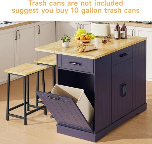 Miniatura 5 de ONBRILL Islas de Cocina Estacionarias Incluyen 2 Sillas, Isla de Cocina de 47" con Hoja Abatible, Mesa de Bar para el Hogar con Estante de Especias