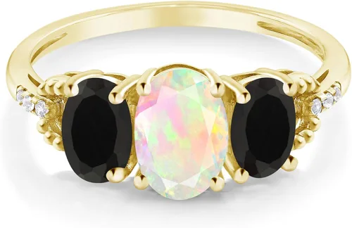 Miniatura 2 de Gem Stone King Anillo de compromiso de 3 piedras de oro amarillo ovalado blanco etíope negro y blanco de 10 quilates para mujer
