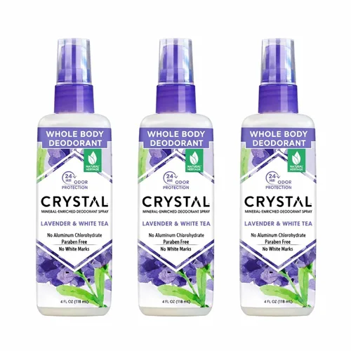CRYSTAL™ - Desodorante mineral en aerosol, desodorante corporal con protección contra olores las 24 horas, spray de lavanda y té blanco, no mancha,