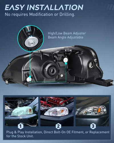 Miniatura 8 de Nilight - Conjunto de faros delanteros compatibles con Honda Civic 1999 2000, lámparas de repuesto con carcasa cromada, reflector ámbar, lente