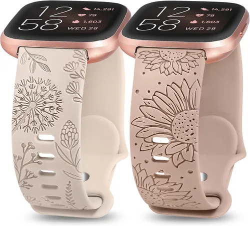 Miniatura 8 de Minyee Paquete de 2 correas con grabado floral compatibles con Fitbit Versa 2/Fitbit Versa/Versa Lite para mujeres, linda correa deportiva de Marrón
