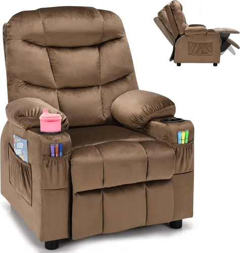 Miniatura 13 de Costzon Silla reclinable para niños con soporte para tazas, silla de salón de terciopelo ajustable con reposapiés y bolsillos laterales