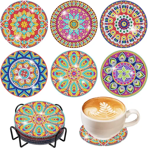 Vcekract Posavasos de pintura de diamante, 6 posavasos de mandala con soporte, kits de manualidades para posavasos de bricolaje, kits de proyectos