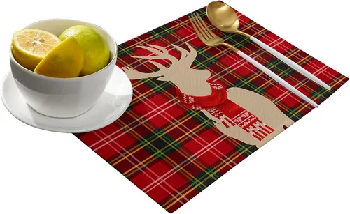 Miniatura 4 de Juego de 4 manteles individuales de reno de Navidad para mesa de comedor, alce de Navidad con bufanda, a cuadros de búfalo rojo, verde, duradero