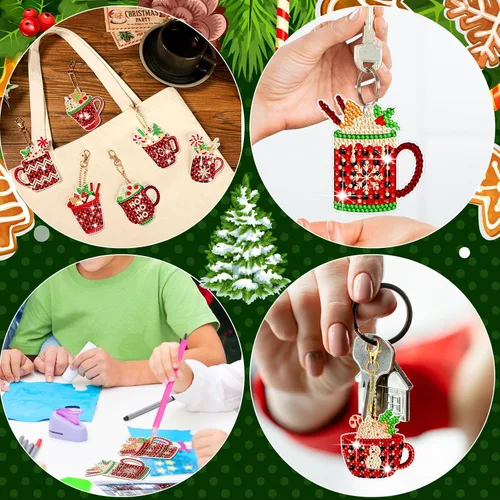 Miniatura 6 de BBTO 15 llaveros de pintura de diamante de Navidad 5D DIY chocolate caliente adornos de arte de diamantes de cacao caliente búfalo a cuadros