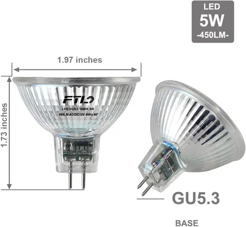 Miniatura 2 de FTL Bombilla LED MR16, no regulable, 5000 K, luz diurna, vidrio blanco, 5 W, CA/CC, 12 V, 50 W, equivalente a halógeno, 500 lm, GU5.3, base bipin