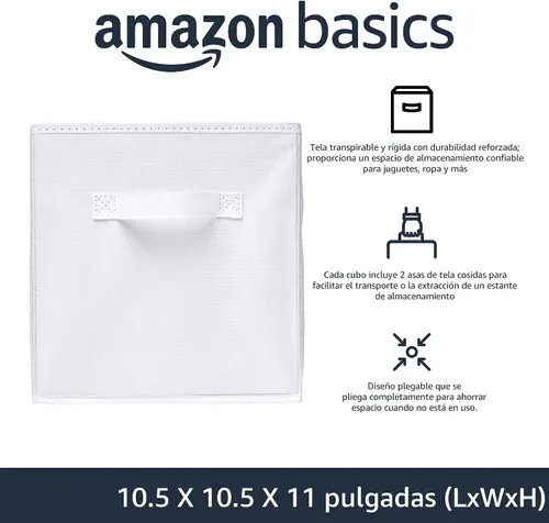 Miniatura 2 de Amazon Basics, Organizador de almacenamiento de tela plegable en forma de cubo con asas, resistente, blanco, 10.5-x-10.5-x-11 pulgadas, paquete de 6