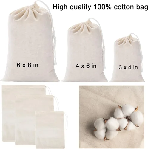 Miniatura 6 de 20 bolsas reutilizables de muselina de algodón con cordón, bolsas de algodón natural sin blanquear, para café, té, preparar nueces, leche