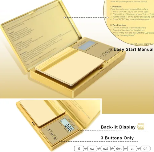 Miniatura 2 de Fuzion Báscula de gramo, báscula digital de bolsillo de 7.05 oz x 0.00 oz, chapado en titanio dorado, escala pequeña de alta precisión, 6
