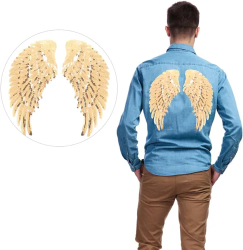 Miniatura 4 de jojofuny Sequin Angel Wings Sewing Patches for Clothes 2 Pairs Gold Embroidered Fabric Applique Decorative Patch for Jackets DIY Garment Accessory