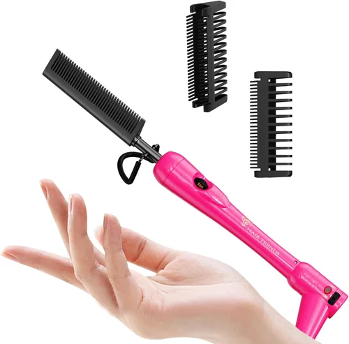 Miniatura 8 de Mini peine caliente rosa de 500 grados, peine de presión eléctrico de doble voltaje para cabello negro, peine alisador de cerámica portátil, enchufe