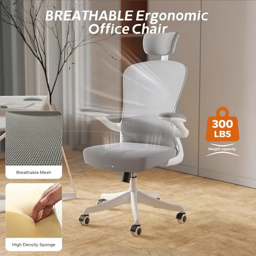 Miniatura 6 de Silla de Oficina Ergonómica con Soporte Lumbar Ajustable y Reposabrazos Abatibles - Silla de Escritorio de Computadora de Respaldo Alto con Cojín