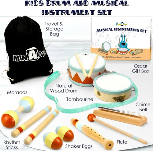 Miniatura 2 de MINIARTIS Instrumentos musicales para niños pequeños – Juguetes musicales de madera Montessori para niños pequeños de 1 a 3 años Juego de batería
