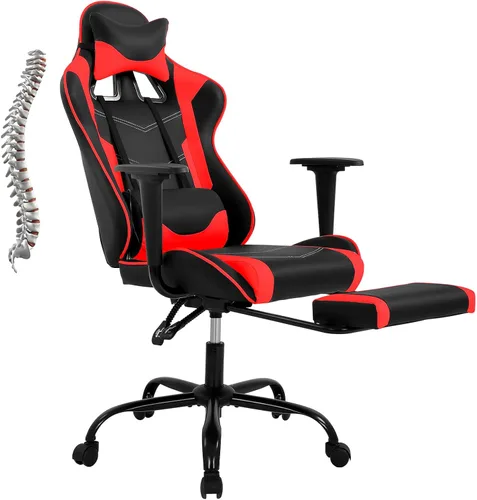 Miniatura 8 de Silla de juegos con reposapiés y soporte lumbar de masaje, silla reclinable de altura ajustable con respaldo alto para adultos, giratoria 360