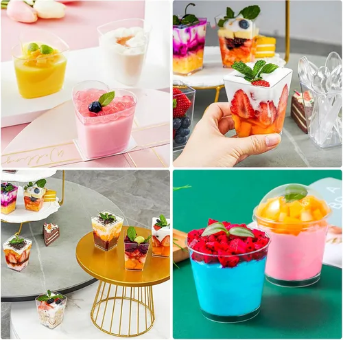 Miniatura 6 de Paquete de 360 tazas de postre de 5 onzas y 6 onzas con tapas y cucharas, 3 estilos de vasos de plástico transparente para aperitivos, desechables