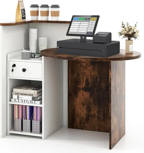 Miniatura 12 de Giantex Escritorio de recepción, mostrador delantero con cajón con cerradura, mesa de pago con mesa redonda, estante de esquina y estante ajustable