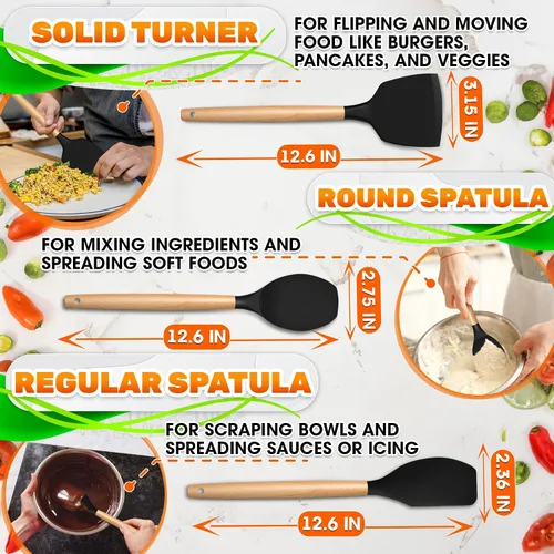 Miniatura 3 de Juego de 14 utensilios de cocina de silicona negra con soporte, utensilios de cocina versátiles con asas de madera resistentes, juego de utensilios