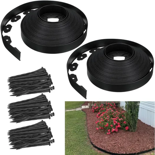 Bordes de jardín de 1.5 pulgadas x 98 pies, bordes de paisaje negro con 150 estacas de plástico, valla flexible de bricolaje para paisajismo, cama