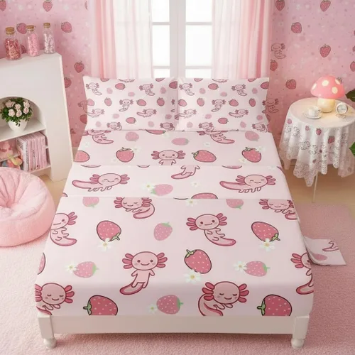 Miniatura 46 de QOOMO Ropa de cama Kawaii Axolotl para niños y niñas, diseño de flor de cerezo rosa, juego de ropa de cama súper suave para niños, con estrellas