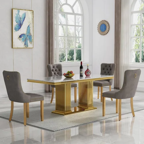 Juego de mesa de comedor de 5 piezas, moderno juego de mesa de comedor para 4, 70 pulgadas, juego de mesa de comedor de mármol sintético blanco para