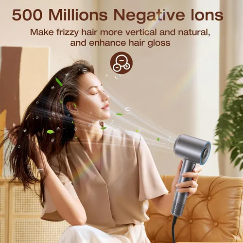 Miniatura 4 de Secador de pelo, 160000 RPM, alta velocidad, 1400 W, secador de pelo iónico negativo de 500 millones, 3 velocidades y 5 temperaturas, secado rápido