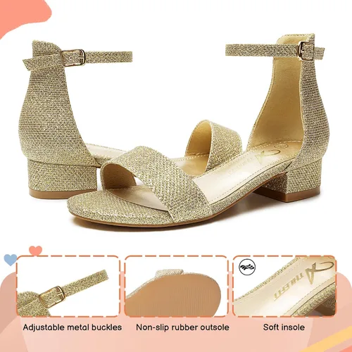 Miniatura 53 de Athlefit Sandalias para niñas, puntera abierta, correa en el tobillo, tacones bajos, zapatos de vestir para niñas pequeñas y grandes