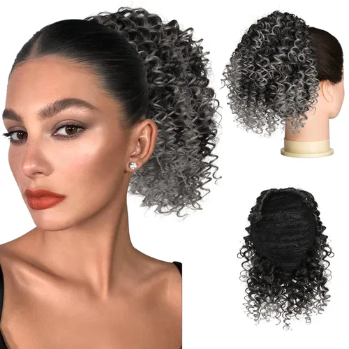 Miniatura 13 de PEACOCO Cola de caballo afro rizada con cordón para mujeres negras, extensiones de cola de caballo afro de 6 pulgadas, cabello sintético