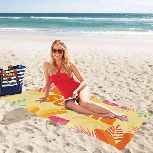 Miniatura 3 de InterestPrint Toalla de playa personalizada para mujeres y hombres, hojas tropicales, naranja, toallas de playa personalizadas con nombres, manta