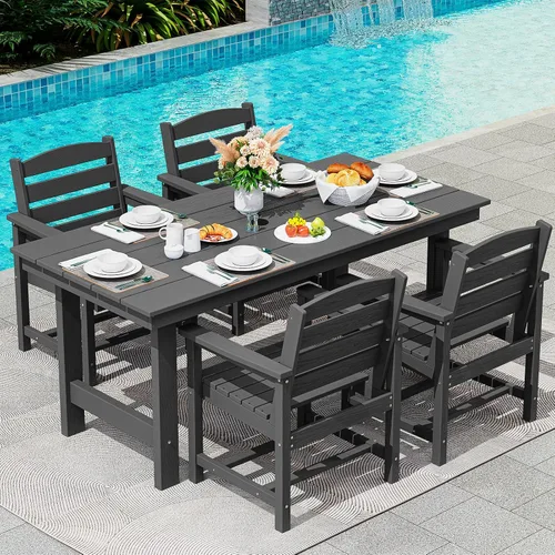 Miniatura 51 de SERWALL Juego de Mesa de Comedor de HDPE para Exteriores, Juego de 7 Piezas de Mesa de Comedor al Aire Libre con Mesa con Corte para Agujero de Gris