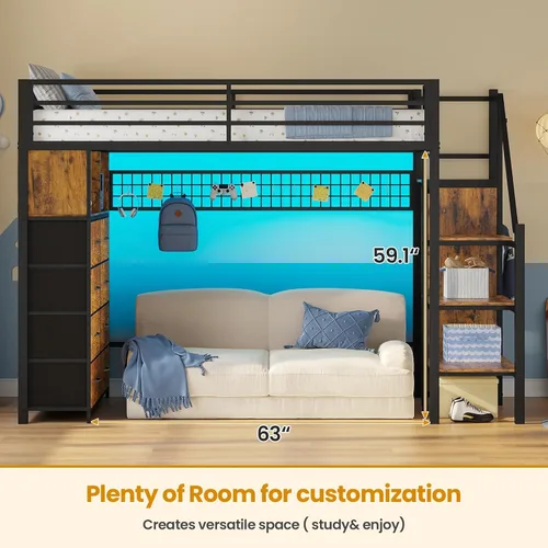 Miniatura 8 de ADORNEVE - Cama tipo loft tamaño individual con escaleras de almacenamiento, 8 cajones, cama tipo loft de metal para niños tamaño individual