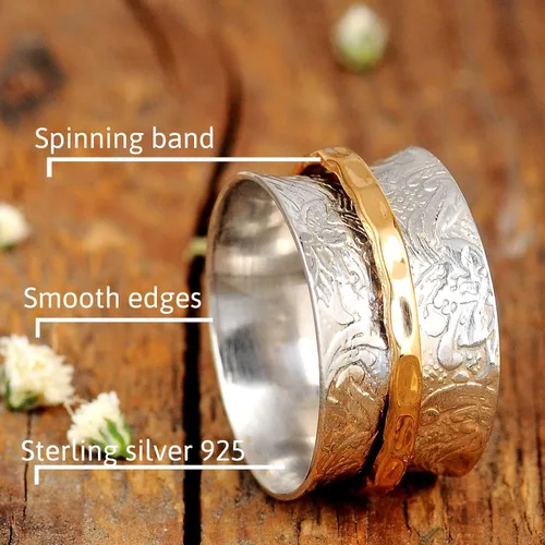 Miniatura 5 de Boho-Magic Anillo giratorio de plata de ley 925 para mujer con anillo antiestrés de latón, banda de flores