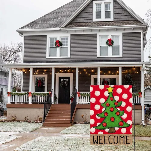 Miniatura 3 de PANDICORN Bandera de Jardín Feliz Navidad 12x18 Pulgadas Doble Cara, Bienvenida Árbol de Navidad Lunares Rojo Invierno Vacaciones Patio Arpillera