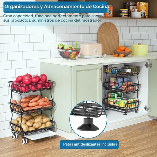 Miniatura 7 de OKZEST Organizador de piso de despensa rodante de 3 niveles y carrito de almacenamiento con ruedas, cestas apilables de despensa de alambre