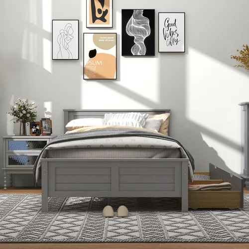 Miniatura 8 de GOFLAME - Base de cama tamaño individual con 2 cajones, base de plataforma con cabecera y estribo de madera maciza, listones de madera para soporte