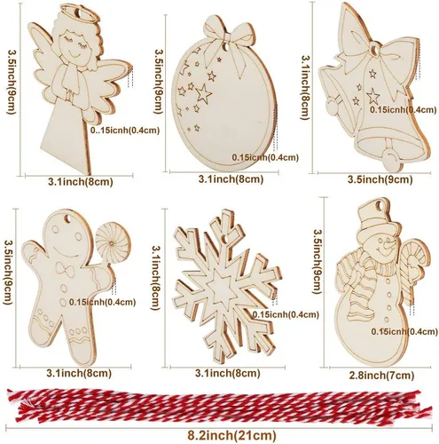 Miniatura 2 de OurWarm 48 adornos de Navidad de madera, 6 estilos de adornos de rebanadas de madera sin terminar, juego de adornos de Navidad con campanas