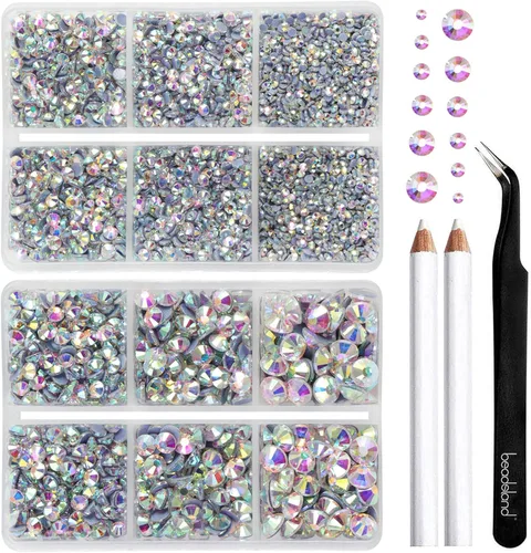 BEADSLAND Hotfix diamantes de imitación, 6080 piezas de diamantes de imitación AB para manualidades en ropa, 6 tamaños mixtos con lápiz de cera y