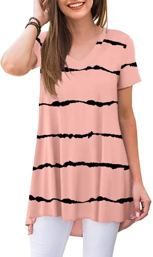 POPYOUNG - Camisa tipo túnica para mujer, de verano, informal, manga corta, cuello en V, suelta, para usar con leggings