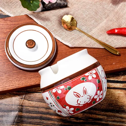 Miniatura 6 de Azucarero de cerámica de estilo japonés con tapa y cuchara, tarro decorativo de condimentos pintado a mano de 4.3 pulgadas para sal, especias