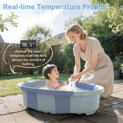 Miniatura 4 de Bañera Plegable para Bebé - Bañera Grande para Bebé con Termómetro y Cojín Bañera Portátil de Viaje para Recién Nacidos e Infantes Bañera Azul