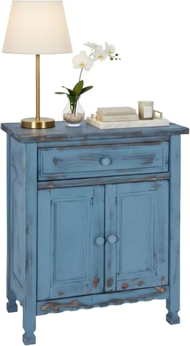 Gabinete de acento de cabaña rústica con 1 cajón y 2 puertas en acabado azul antiguo para sala de estar - Requiere ensamblaje, madera desgastada,